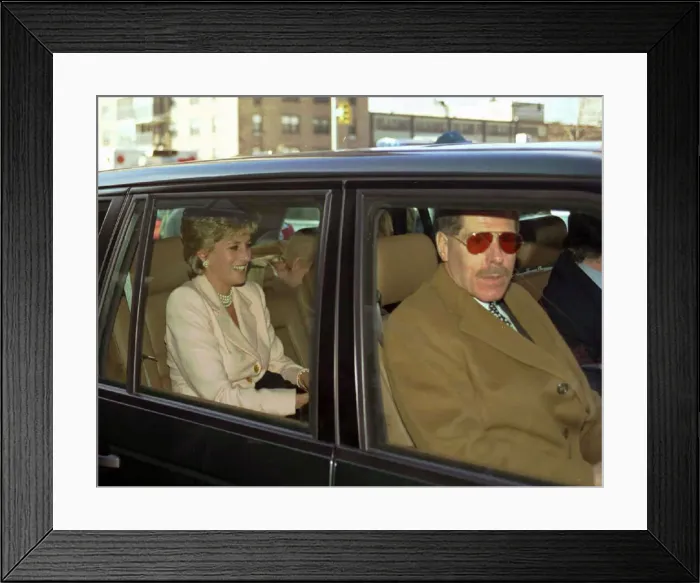 Framed Print : Princess Diana smiling wearing creme jacket in limousine in Harlem, New York