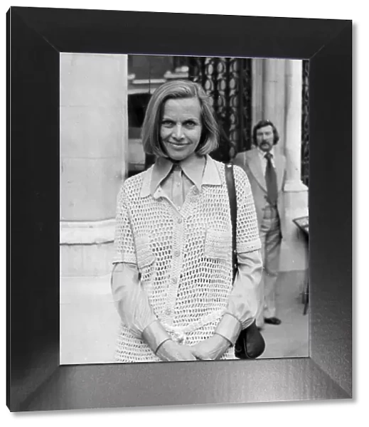 Honor Blackman wearing crochet knitted top smiling - April 1975 -----