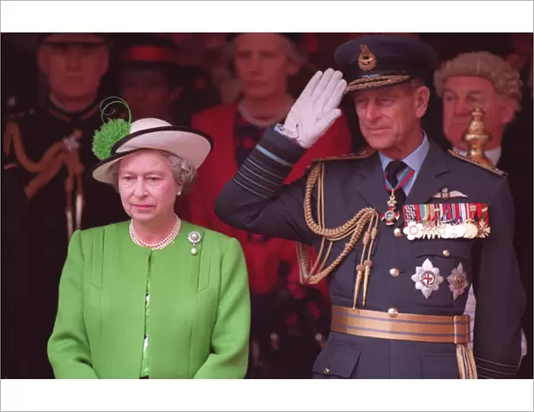 Queen Elizabeth II and Prince Philip during the Gulf War parade at Buckingham Palace