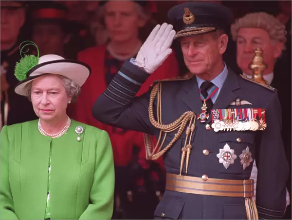 Queen Elizabeth II and Prince Philip during the Gulf War parade at Buckingham Palace