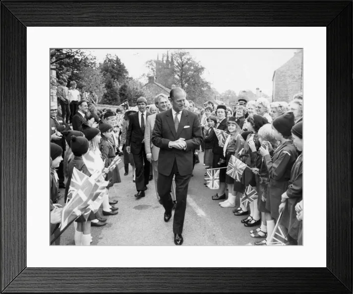 Framed Print : The Duke of Edinburgh. Prince Philip talks to Brownies in Derbyshire. May1984 Framed Print : The Duke of Edinburgh. Prince Philip talks to Brownies in Derbyshire. May1984
