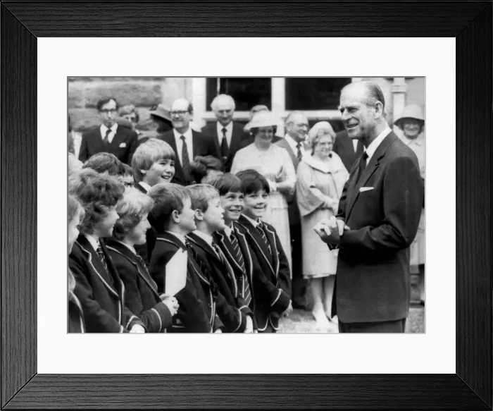 Framed Print : The Duke of Edinburgh. Prince Philip with school children of Morrison Framed Print : The Duke of Edinburgh. Prince Philip with school children of Morrison