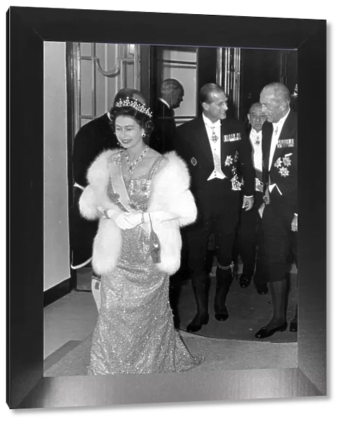 The Queen at state banquet during visit of King and Queen of the Hellenes seen arriving