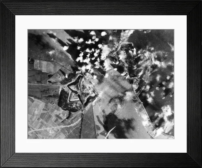 Framed Print : Bombs blast the Rhine Road. Bombs from B-17 Flying Fortresses of the U. S Framed Print : Bombs blast the Rhine Road. Bombs from B-17 Flying Fortresses of the U. S