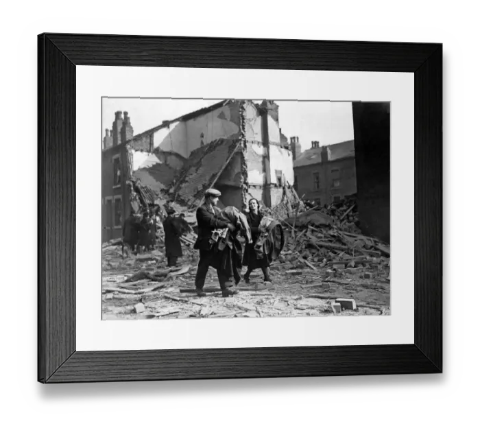 Framed Print : Blitz on a north west town. Retrieving personal belongings after their home had been