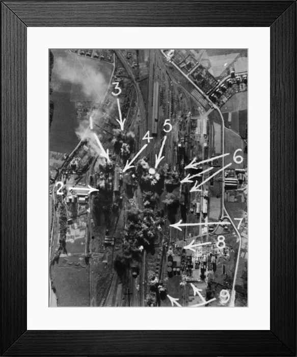 Framed Print : Daylight attack by aircraft of RAF Bomber Command on the electric power station Framed Print : Daylight attack by aircraft of RAF Bomber Command on the electric power station