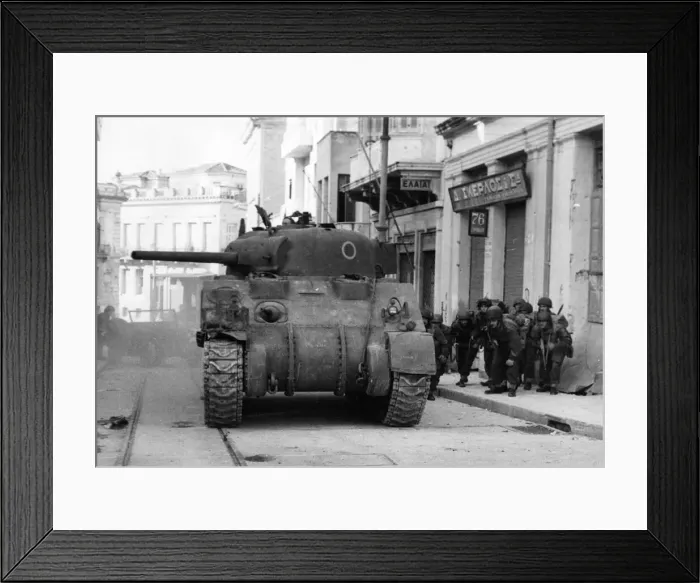 Framed Print : A British tank gives covering fire to a street patrol in Athens. 1944 Framed Print : A British tank gives covering fire to a street patrol in Athens. 1944