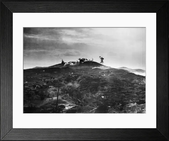Framed Print : Leros: Enemy bombs falling on Leros Island during an attack Framed Print : Leros: Enemy bombs falling on Leros Island during an attack