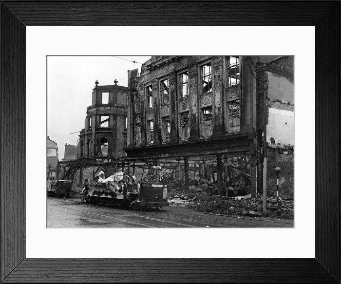 Framed Print : Raid damage at Sheffield. Burned out tramcars and shops, Fitzalan Square Framed Print : Raid damage at Sheffield. Burned out tramcars and shops, Fitzalan Square