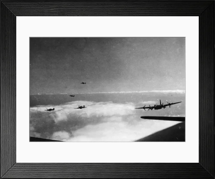 Framed Print : Pictorial record made of a daylight attack by Stirings of RAF Bomber Command on an enemy Framed Print : Pictorial record made of a daylight attack by Stirings of RAF Bomber Command on an enemy