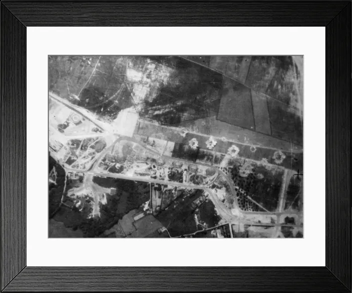 Framed Print : Nine bombs bursting on the concrete runway of St. Omer / Longuenesse aerodrome Framed Print : Nine bombs bursting on the concrete runway of St. Omer / Longuenesse aerodrome