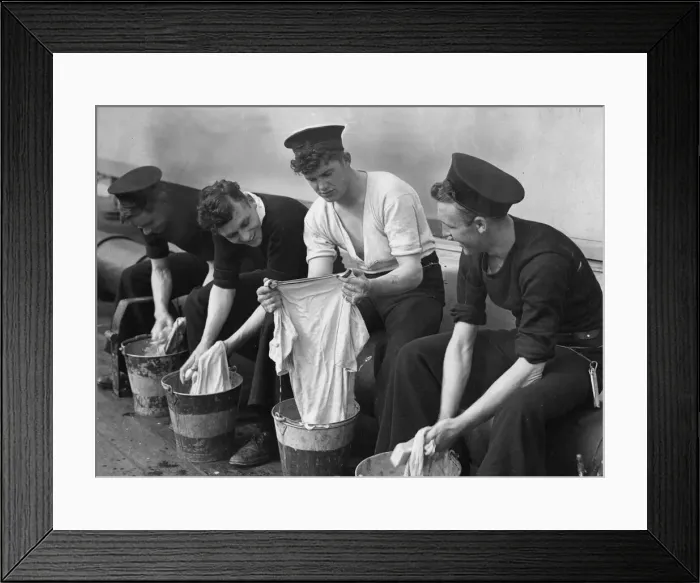 Framed Print : Able seamen aboard HMS Albion seen here doing the washing. 18th August 1942 Framed Print : Able seamen aboard HMS Albion seen here doing the washing. 18th August 1942