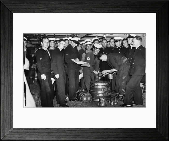 Framed Print : Members of the Ajax crew wait for their daily rum ration shortly after their arrival in Framed Print : Members of the Ajax crew wait for their daily rum ration shortly after their arrival in