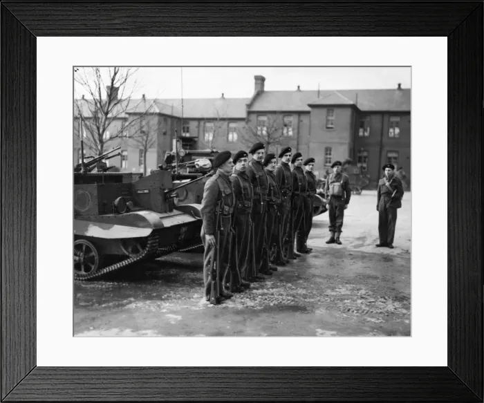 Framed Print : Crews of the Bren Gun Carriers do a little musketry drill during their training somewhere Framed Print : Crews of the Bren Gun Carriers do a little musketry drill during their training somewhere
