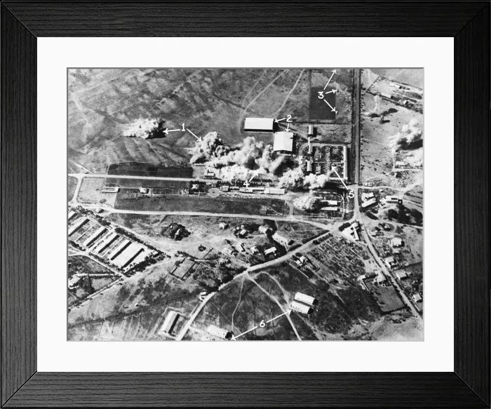 Framed Print : The bombing of Caproni workshops at Mai Edaga by the Royal Air Force on February 16th Framed Print : The bombing of Caproni workshops at Mai Edaga by the Royal Air Force on February 16th