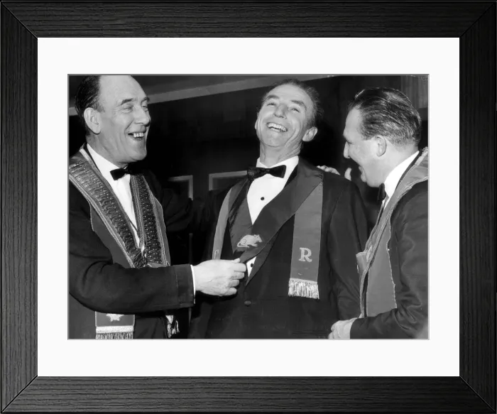 Framed Print : Left, Comedian and football club chairman, Tommy Trinder puts the honour sash around Framed Print : Left, Comedian and football club chairman, Tommy Trinder puts the honour sash around
