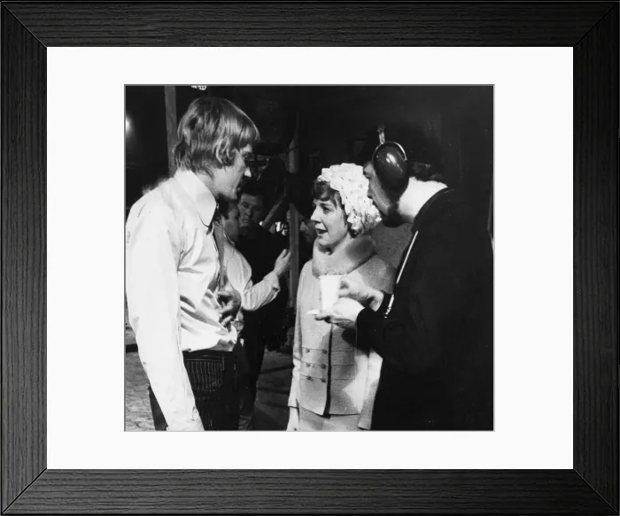 Framed Print : Cilla Black and David Warner with Peter Hall on the set of film Work is a Four Letter