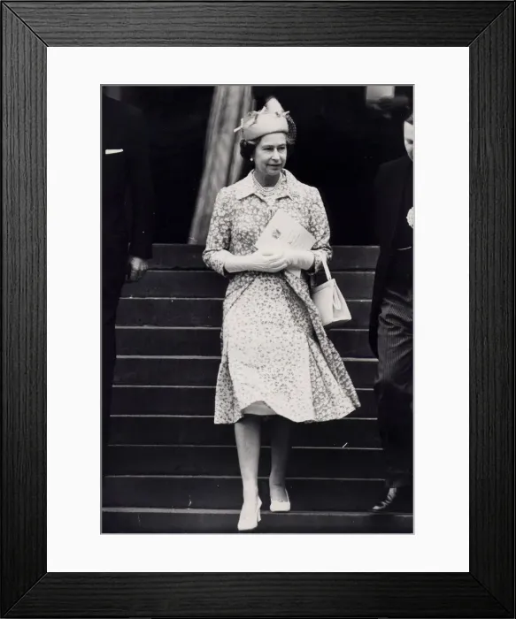Framed Print : The Queen leaving church wearing patterned dress and hat - July 1982 13  /  07  /  1982