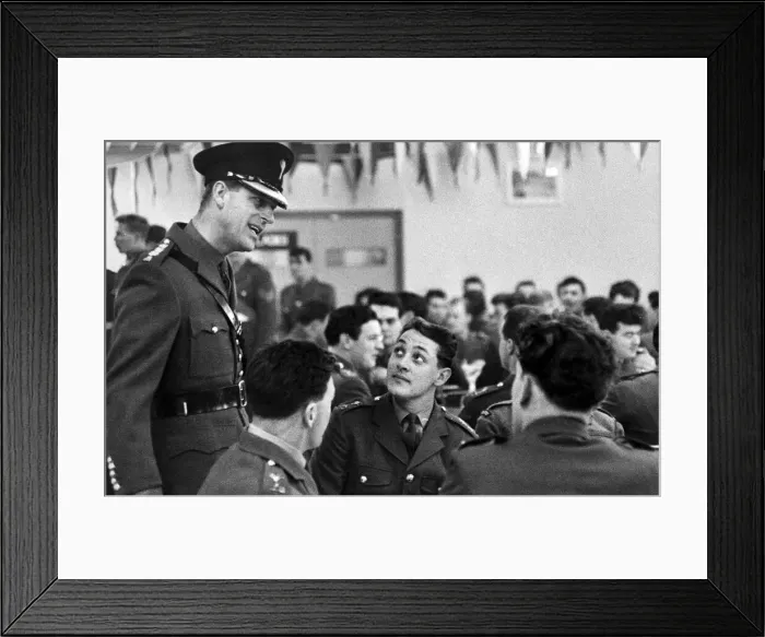 Framed Print : Duke of Edinburgh, Prince Philip talking to soldiers in mess hall in uniform - March 1964