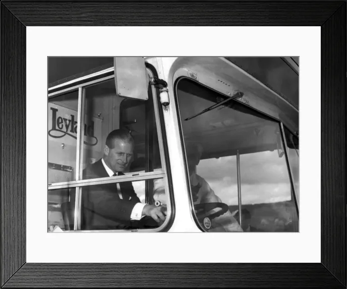 Framed Print : Prince Philip at the wheel of a double decker bus during his visit to the Leyland works Framed Print : Prince Philip at the wheel of a double decker bus during his visit to the Leyland works