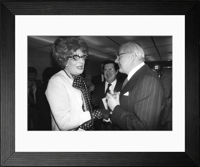 Framed Print : Barry Humphries as Dame Edna Everage talking to Jim Callaghan at Standard theatre awards Framed Print : Barry Humphries as Dame Edna Everage talking to Jim Callaghan at Standard theatre awards