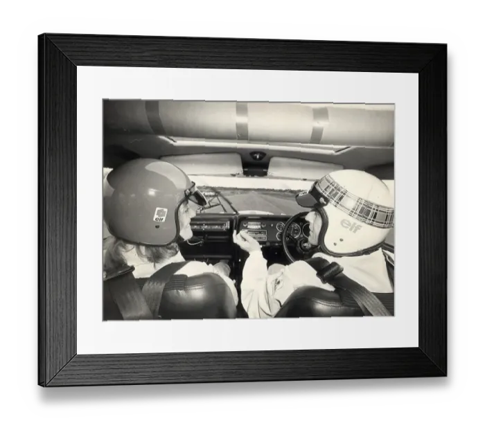 Framed Print : Jean Rook Daily Express reporter with Jackie Stewart at Silverstone race circuit hanger