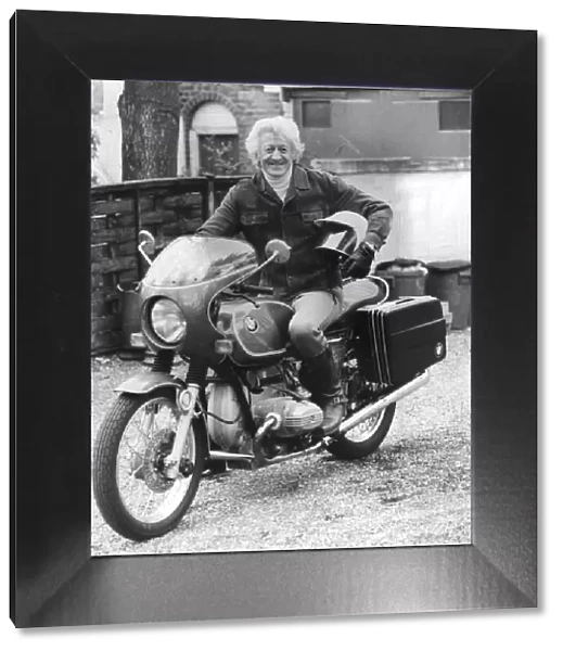 Jon Pertwee actor sitting on BMW motor cycle - April 1977 18  /  04  /  1977