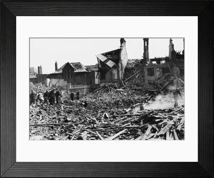 Framed Print : Buxton & Underwood Street, E1. Flying bomb incident in Southern England showing