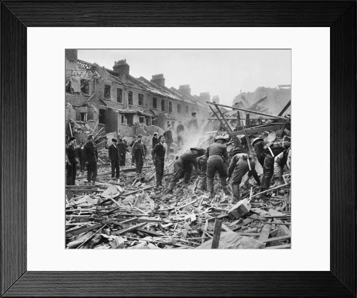 Framed Print : Buxton & Underwood Street, E1. Flying bomb incident in Southern England showing Framed Print : Buxton & Underwood Street, E1. Flying bomb incident in Southern England showing