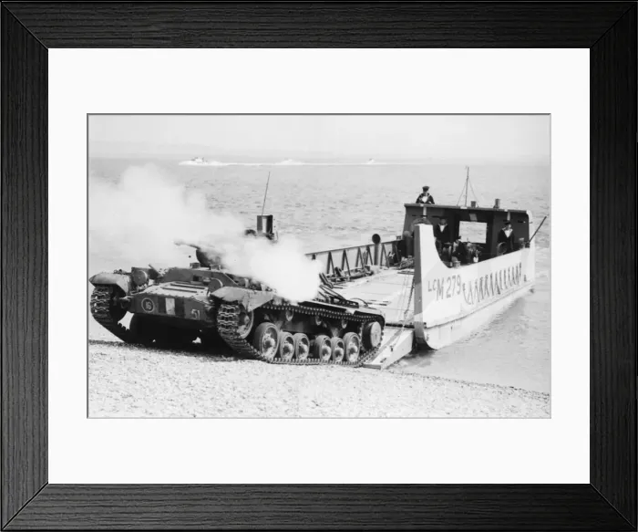 Framed Print : A Matilda Tank landing on a beach as she shows out a smoke screen