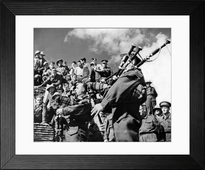 Framed Print : Pipers playing during an off duty spell to men of the Canadian Forestry Corps