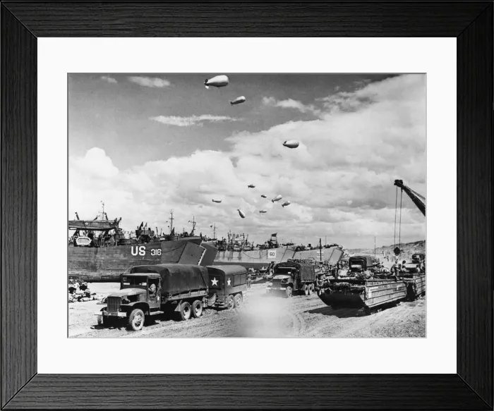 Framed Print : Unloading of equipment into a beach from LSTs (Landing Ship Framed Print : Unloading of equipment into a beach from LSTs (Landing Ship