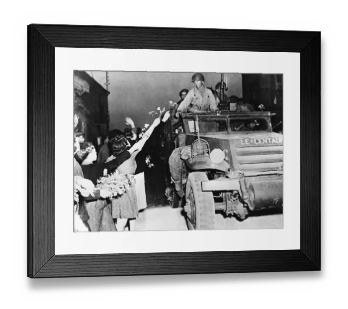Framed Print : French women and children throw flowers to the French soldiers of the 2nd French Armoured Framed Print : French women and children throw flowers to the French soldiers of the 2nd French Armoured