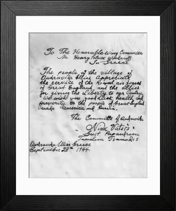 Framed Print : A letter addressed to a RAF Wing Commander by the people of a Greek village liberated by Framed Print : A letter addressed to a RAF Wing Commander by the people of a Greek village liberated by