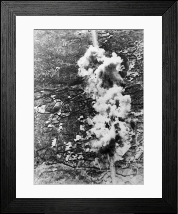 Framed Print : Blasting the road to Messina. Cluster of bombs bursts directly on the main road of Framed Print : Blasting the road to Messina. Cluster of bombs bursts directly on the main road of