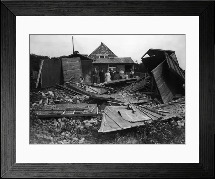 Framed Print : Damage in a Welsh rural district when a bomb dropped on a stable. Circa 1941 Framed Print : Damage in a Welsh rural district when a bomb dropped on a stable. Circa 1941