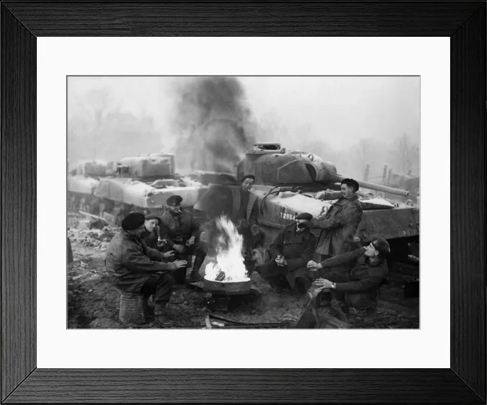 Framed Print : Boys of a tank recovery unit keeping warm in the wintry weather in Belgium. December 1944 Framed Print : Boys of a tank recovery unit keeping warm in the wintry weather in Belgium. December 1944