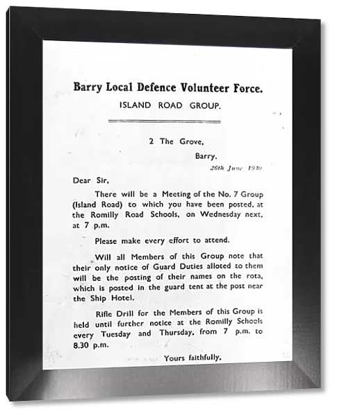 Letter to the Barry Local Defence Volunteer Force. 26th June 1940