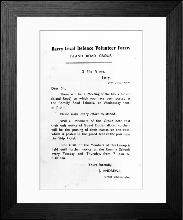 Framed Print : Letter to the Barry Local Defence Volunteer Force. 26th June 1940 Framed Print : Letter to the Barry Local Defence Volunteer Force. 26th June 1940