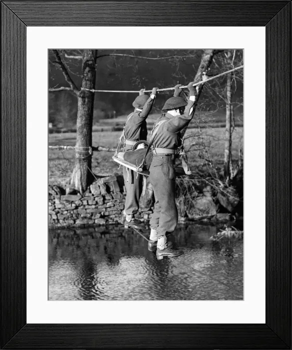 Framed Print : Facility Visit. Overcoming the difficulty of crossing a river without boat or raft shown