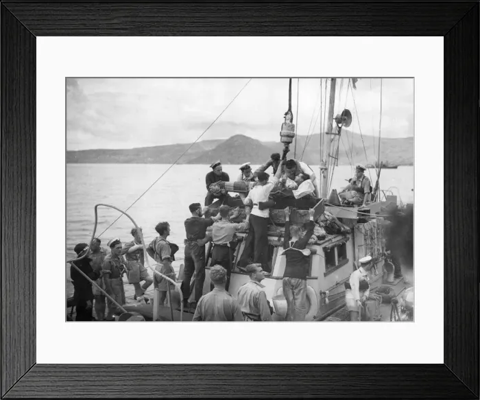 Framed Print : A casualty from a minesweeper being lifted on board the British cruiser Orion from a Framed Print : A casualty from a minesweeper being lifted on board the British cruiser Orion from a