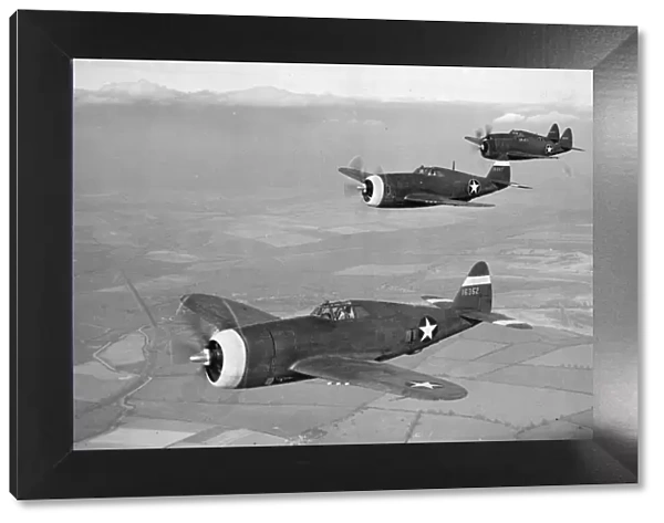 New US Fighter. P 47s (Thunderbolt) planes flying in formation