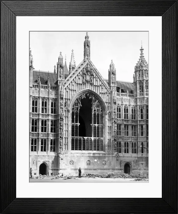 Framed Print : The historic windows of Westminster Hall, London, destroyed after an high explosive bomb