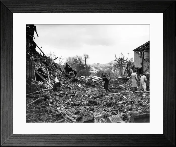 Framed Print : General view of demolished houses in a residential area of Bristol following an air raid