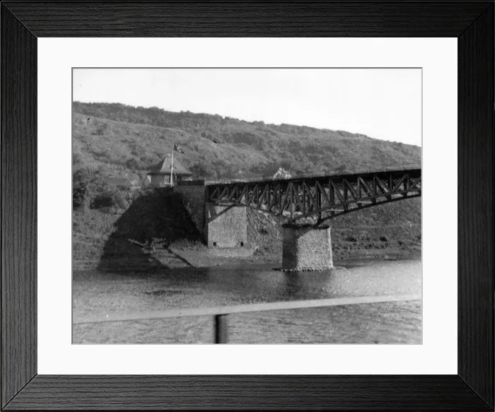 Framed Print : Nazi pennant flying over Customs House on the German side of Wormeldange Bridge which Framed Print : Nazi pennant flying over Customs House on the German side of Wormeldange Bridge which