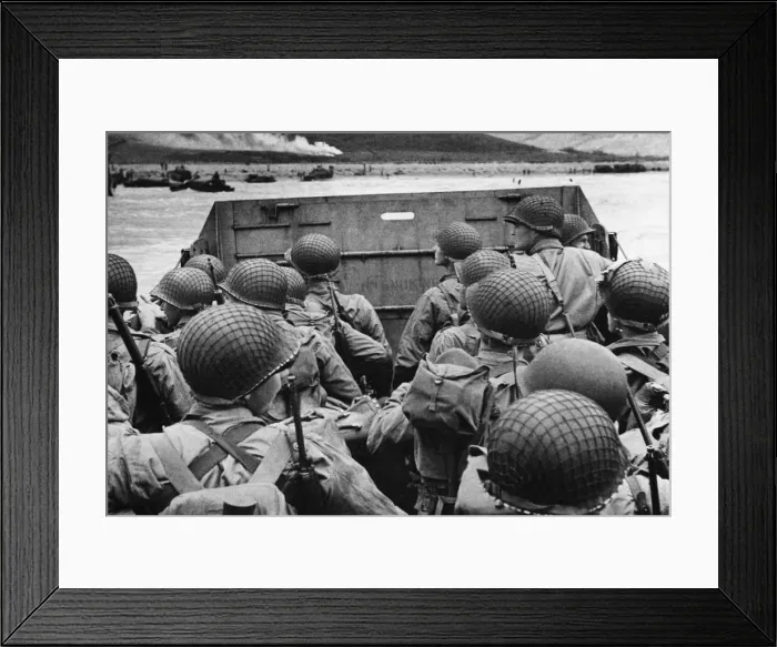 Framed Print : American assault troops in landing craft huddle behind the protective front of the craft Framed Print : American assault troops in landing craft huddle behind the protective front of the craft