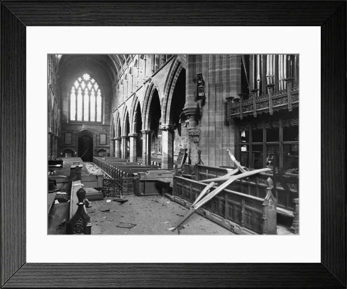 Framed Print : Picture shows the air raid damage interior of a parish church in Merseyside Framed Print : Picture shows the air raid damage interior of a parish church in Merseyside