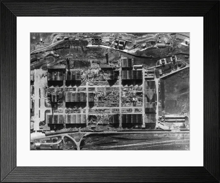 Framed Print : Aerial photograph showing extensive damage to the Gnome Le Rhone aero-engine works Framed Print : Aerial photograph showing extensive damage to the Gnome Le Rhone aero-engine works