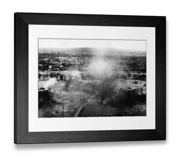 Framed Print : Minimum altitude attack by two RAF Mosquitos of the Second Tactical Air Force on an Framed Print : Minimum altitude attack by two RAF Mosquitos of the Second Tactical Air Force on an