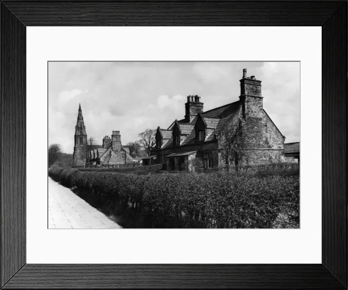 Framed Print : Cottages on Church Road, Knowsley Village, with church in background, 28th March 1950 Framed Print : Cottages on Church Road, Knowsley Village, with church in background, 28th March 1950
